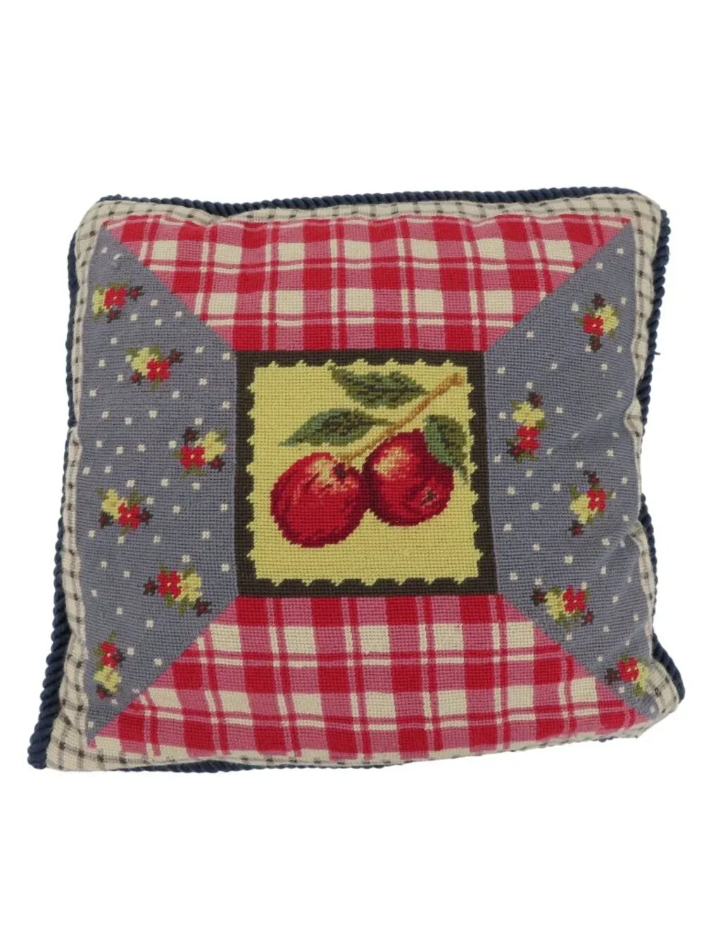 Needlepoint Country Apple Floral Red Blue Beige Check Plaid Velvet Throw Pillow